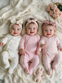3件組新生兒嬰兒連身褲，可愛甜美象牙粉花卉長袖圓領前開扣，舒適休閒日常款，適合嬰兒幼兒秋季 - 彩色 - 查看 2