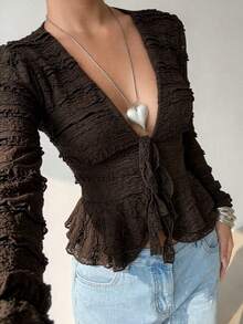 Glamine Women's Brown Multi-Layer Ruffled Lace V-Neck Front Tie Waist Long Sleeve Blouse, Elegant Sexy Autumn Top Suitable For Romantic Date Night Out - Coffee Brown - View 1