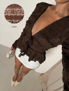 Glamine Women's Brown Multi-Layer Ruffled Lace V-Neck Front Tie Waist Long Sleeve Blouse, Elegant Sexy Autumn Top Suitable For Romantic Date Night Out - Coffee Brown - View 8