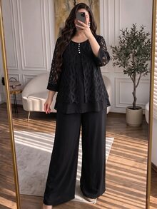 Lacomfia 2pcs/Set Plus Size Women Elegant Mesh Patchwork Round Neck 3/4 Sleeve Loose Shirt And Elastic Waist Pants Set, Spring/Autumn Fall - Black - View 1