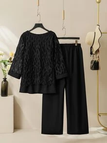 Lacomfia 2pcs/Set Plus Size Women Elegant Mesh Patchwork Round Neck 3/4 Sleeve Loose Shirt And Elastic Waist Pants Set, Spring/Autumn Fall - Black - View 2