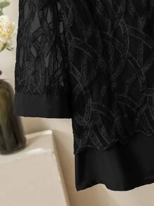 Lacomfia 2pcs/Set Plus Size Women Elegant Mesh Patchwork Round Neck 3/4 Sleeve Loose Shirt And Elastic Waist Pants Set, Spring/Autumn Fall - Black - View 5