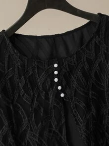 Lacomfia 2pcs/Set Plus Size Women Elegant Mesh Patchwork Round Neck 3/4 Sleeve Loose Shirt And Elastic Waist Pants Set, Spring/Autumn Fall - Black - View 6