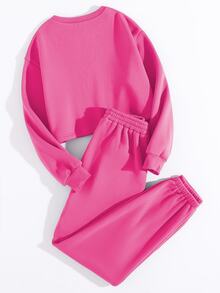 Women Casual Solid Color Long Sleeve Top And Pants Two Pieces Set - Hot Pink - View 2
