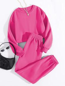 Women Casual Solid Color Long Sleeve Top And Pants Two Pieces Set - Hot Pink - View 3