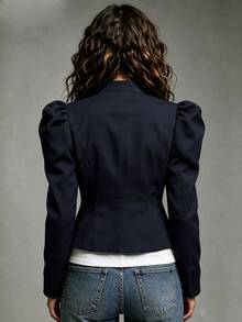 SHEIN Women's Autumn/Winter Casual Elegant Commute Leg-Of-Gigot Sleeve Open Front Button-Up Regular Shoulder Stand Collar Cropped Jacket - Navy Blue - View 2