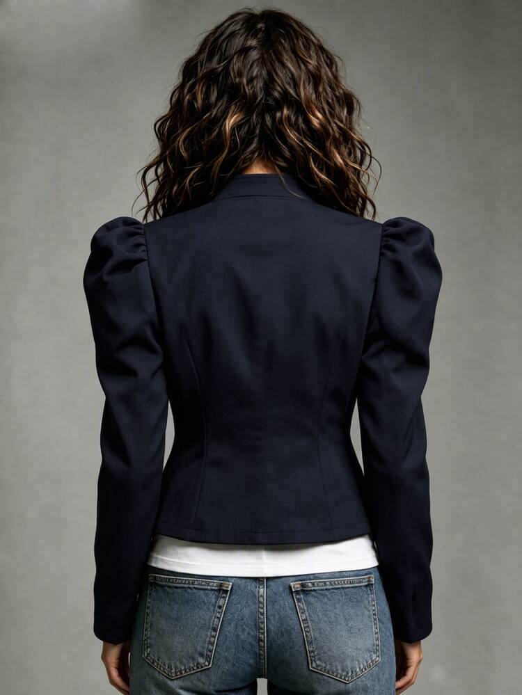 SHEIN Women's Autumn/Winter Casual Elegant Commute Leg-Of-Gigot Sleeve Open Front Button-Up Regular Shoulder Stand Collar Cropped Jacket - Navy Blue - View 2