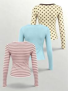 Lalippa Women's Button Front Scoop Neck Long Sleeve Slim Fit Casual T-Shirt,Spring Fall Daily Wear - Multicolor - View 2