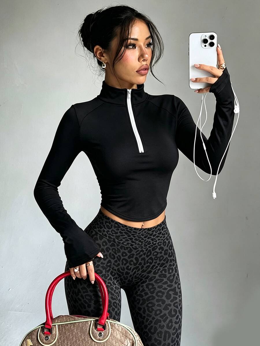 Slayform Women's Slim-Fit Curved Hem Short Stand-Collar Sports Jacket, Autumn Running Yoga Fitness High-Elastic Black Outing Top, Sportswear, Casual Blouses