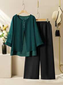 Lacomfia Elegant Solid Color Chiffon Round Neck 3/4 Sleeve Loose Regular Shirt And Elastic Waist Pants Spring/Summer Plus Size 2-Piece Set Fall - Multicolor - View 3