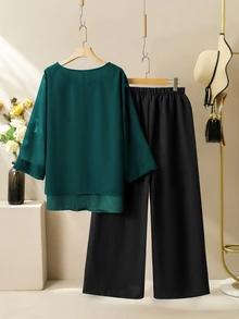 Lacomfia Elegant Solid Color Chiffon Round Neck 3/4 Sleeve Loose Regular Shirt And Elastic Waist Pants Spring/Summer Plus Size 2-Piece Set Fall - Multicolor - View 2