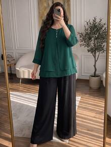 Lacomfia Elegant Solid Color Chiffon Round Neck 3/4 Sleeve Loose Regular Shirt And Elastic Waist Pants Spring/Summer Plus Size 2-Piece Set Fall - Multicolor - View 1
