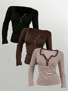 Lalippa Women's Button Front Scoop Neck Long Sleeve Slim Fit Casual T-Shirt,Spring Fall Daily Wear - Multicolor - View 1