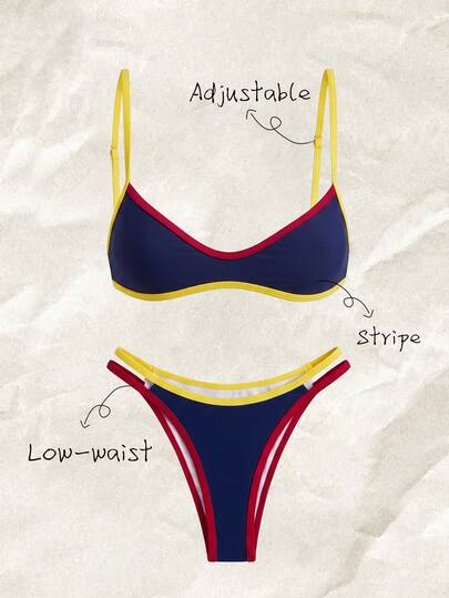 SHEIN Swim Women's Summer Beach Colorblock Spaghetti Strap Sexy Bikini & Triangle Bottom Two-Piece Swimwear Set
