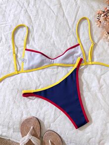 SHEIN Swim Women's Summer Beach Colorblock Spaghetti Strap Sexy Bikini & Triangle Bottom Two-Piece Swimwear Set - Multicolor - View 5