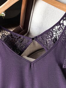 Lacomfia Casual Elegant Minimalist Solid Color Contrast Lace V-Neck Short Sleeve Asymmetrical Hem Spring Summer Plus Size Women's Top Wedding Guest - Purple - View 5
