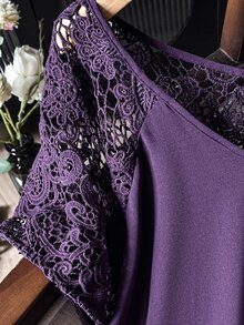 Lacomfia Casual Elegant Minimalist Solid Color Contrast Lace V-Neck Short Sleeve Asymmetrical Hem Spring Summer Plus Size Women's Top Wedding Guest - Purple - View 6
