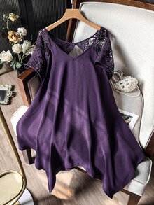 Lacomfia Casual Elegant Minimalist Solid Color Contrast Lace V-Neck Short Sleeve Asymmetrical Hem Spring Summer Plus Size Women's Top Wedding Guest - Purple - View 3