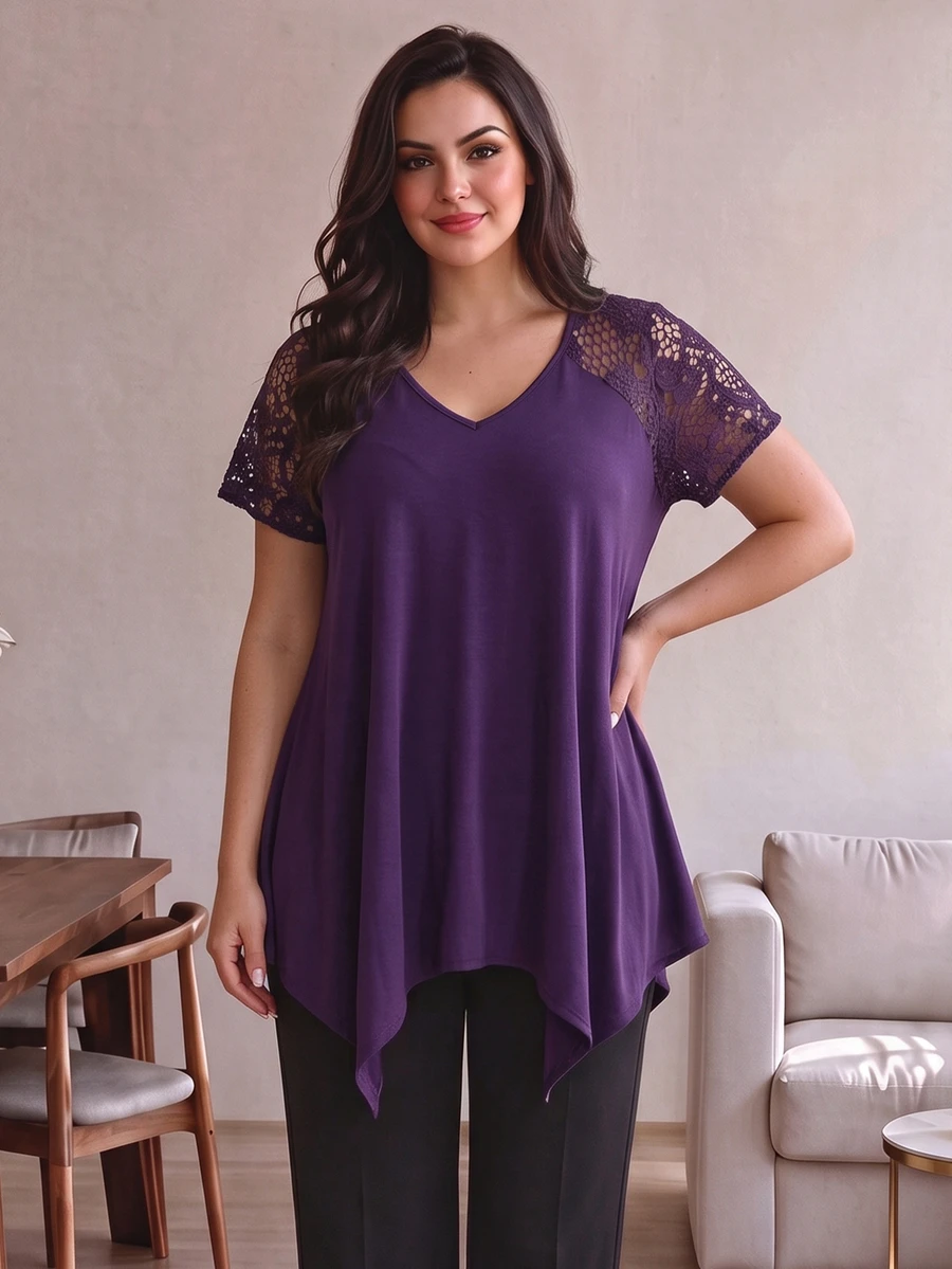 Lacomfia Casual Elegant Minimalist Solid Color Contrast Lace V-Neck Short Sleeve Asymmetrical Hem Spring Summer Plus Size Women's Top Wedding Guest - Purple - View 1