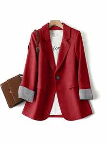 SHEIN LUNE Gray Striped Patchwork Long Sleeve Notched Collar Women Blazer Jacket Fall Cloth For Women - Burgundy - View 1
