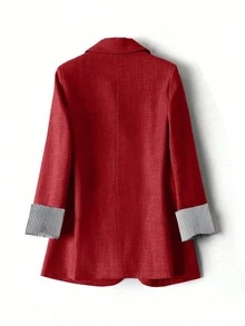 SHEIN LUNE Gray Striped Patchwork Long Sleeve Notched Collar Women Blazer Jacket Fall Cloth For Women - Burgundy - View 2