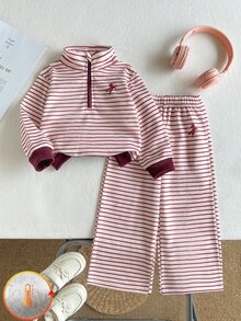 SHEIN Playful Pals 2件組幼女運動衫長褲套裝 學院風酒紅粉色條紋馬匹圖案 長袖半拉鍊領 厚款 校園秋冬度假舒適慢跑運動風 - 彩色 - 查看 3