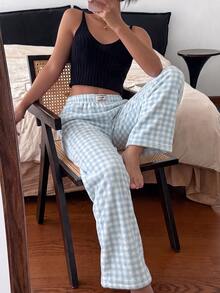 Napfluff Women's Fashionable Minimalist Plaid Print Bottoms Loungewear - Blue - View 6