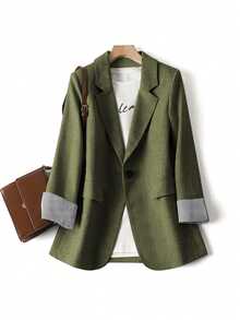 SHEIN LUNE Grey Striped Patchwork Long Sleeve Lapel Women's Blazer Fall Cloth For Women - Green - View 1