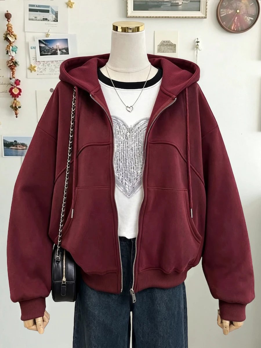 Lalippa Women's Fashion Inspired Design Dropped Shoulder Long Sleeve Zipper Sweatshirt With Pockets, Suitable For Autumn/Winter Wear - Burgundy - View 1