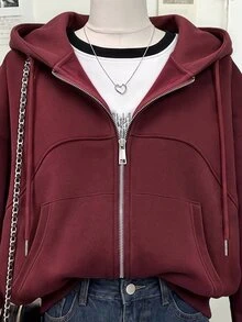 Lalippa Women's Fashion Inspired Design Dropped Shoulder Long Sleeve Zipper Sweatshirt With Pockets, Suitable For Autumn/Winter Wear - Burgundy - View 4
