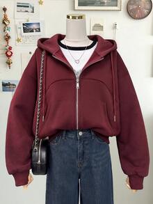 Lalippa Women's Fashion Inspired Design Dropped Shoulder Long Sleeve Zipper Sweatshirt With Pockets, Suitable For Autumn/Winter Wear - Burgundy - View 3