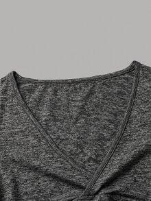 EMERY ROSE Women's Summer Solid Color Overlapping V-Neck Short Sleeve Fitted Casual Holiday Cropped T-Shirt - Dark Grey - View 6