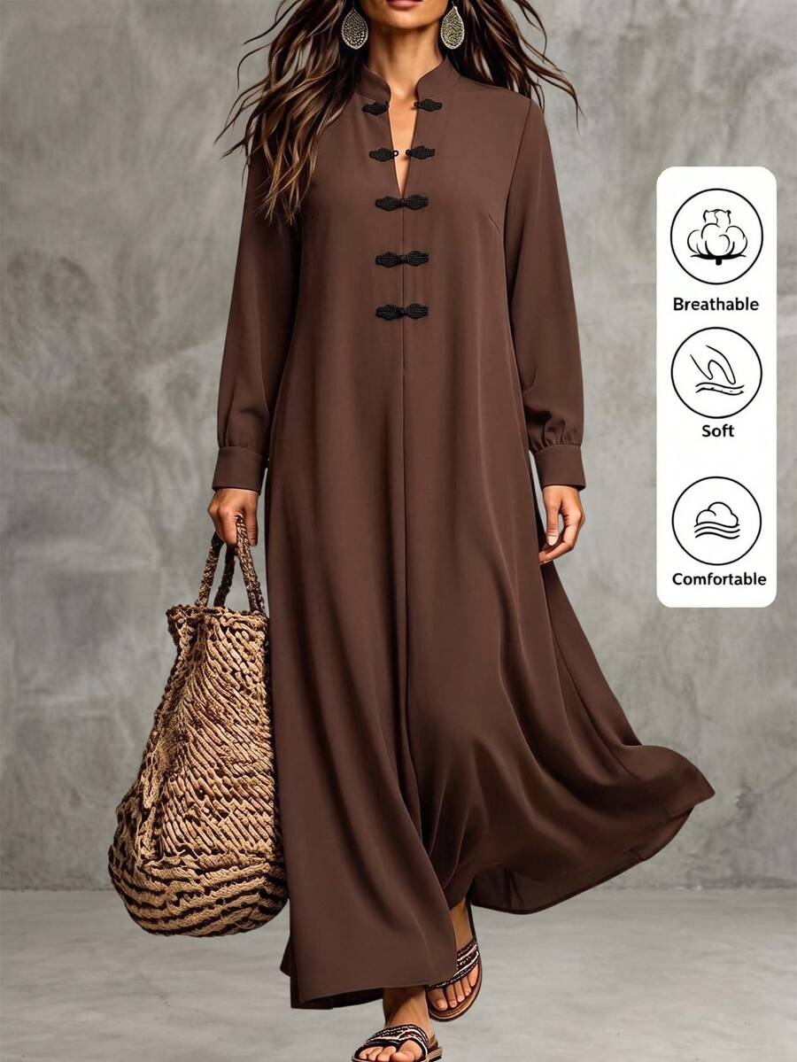 Linhara CURVE New Plus Size Long Sleeve Middle Eastern Style Frog Button Decor Long Casual Daily Women's Maxi Dress - Chocolate Brown - View 1