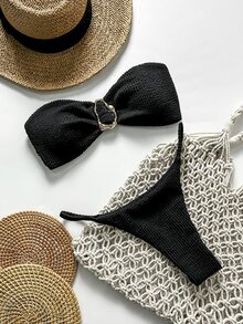 SHEIN Swim Springbreak Women Summer Jacquard Fabric Strapless Sexy Bikini Set - Black - View 3
