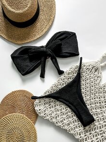 SHEIN Swim Springbreak Women Summer Jacquard Fabric Strapless Sexy Bikini Set - Black - View 2