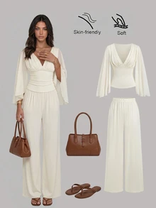 Sweetra Women's 2 Pieces Set V-Neck Pleated Long Sleeve Top And Long Pants - Apricot - View 1