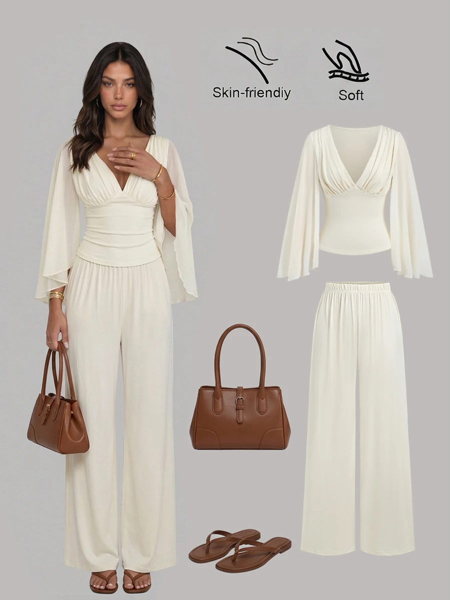 Sweetra Women's 2 Pieces Set V-Neck Pleated Long Sleeve Top And Long Pants - Apricot - View 1