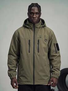 Sport MetroGents 1pc Boyfriend Style Men's Solid Color Patchwork Front Zipper Long Sleeve Pocket Casual Hooded Sports Jacket - Army Green - View 1