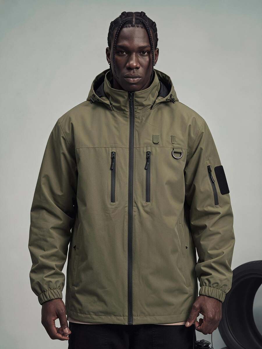 Sport MetroGents 1pc Boyfriend Style Men's Solid Color Patchwork Front Zipper Long Sleeve Pocket Casual Hooded Sports Jacket - Army Green - View 1