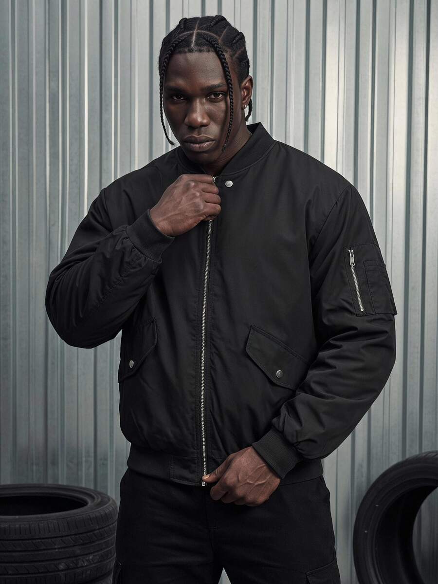 Sport MetroGents Men's Solid Color Long Sleeve Zipper Collar Casual Baseball Sport Jacket - Black - View 1
