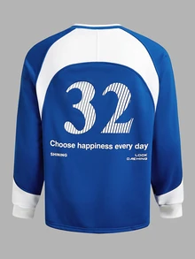 Sport MetroGents Boyfriend Style Men Casual Contrast Color Letter Print V-Neck Sweatshirt, Autumn Daily Wear Jersey - Blue - View 2
