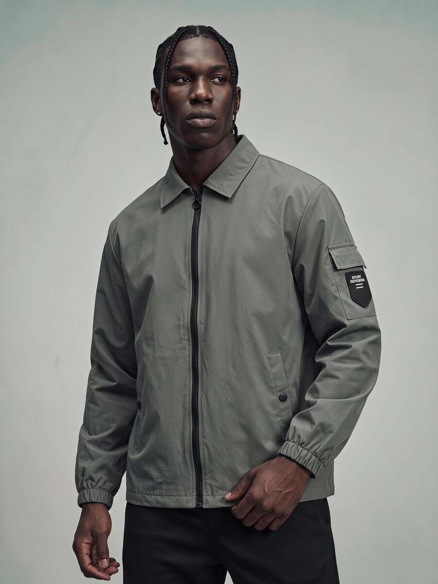 Sport MetroGents 1pc Boyfriend Style Men's Solid Color Zip Up Patched Pockets Long Sleeve Sports Jacket Sports Jacket - Green - View 1