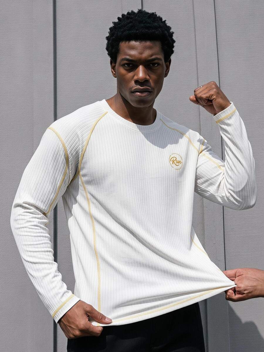 Gym Rark Men's Geometric Print Long Sleeve Casual Fitness Sports T-Shirt, Gym,4-Way Stretch,UV Protection,Cool Feel,Workout Staple,Muscle Fit,Running,Outdoor - White - View 1