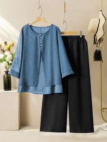 Lacomfia Casual Solid Color Chiffon Round Neck 3/4 Sleeve Loose Regular Shirt Elastic Waist Pants Autumn Plus Size 2 Pieces Set Brunch Blue Black - Multicolor - View 3
