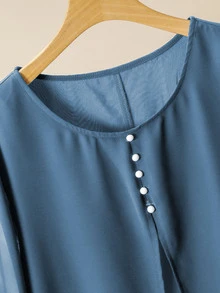 Lacomfia Casual Solid Color Chiffon Round Neck 3/4 Sleeve Loose Regular Shirt Elastic Waist Pants Autumn Plus Size 2 Pieces Set Brunch Blue Black - Multicolor - View 8