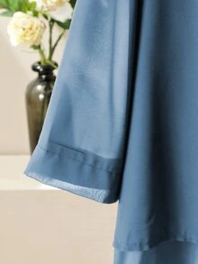 Lacomfia Casual Solid Color Chiffon Round Neck 3/4 Sleeve Loose Regular Shirt Elastic Waist Pants Autumn Plus Size 2 Pieces Set Brunch Blue Black - Multicolor - View 5