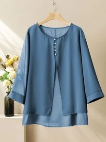 Lacomfia Casual Solid Color Chiffon Round Neck 3/4 Sleeve Loose Regular Shirt Elastic Waist Pants Autumn Plus Size 2 Pieces Set Brunch Blue Black - Multicolor - View 6