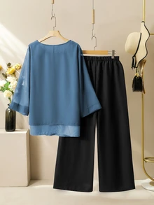 Lacomfia Casual Solid Color Chiffon Round Neck 3/4 Sleeve Loose Regular Shirt Elastic Waist Pants Autumn Plus Size 2 Pieces Set Brunch Blue Black - Multicolor - View 2