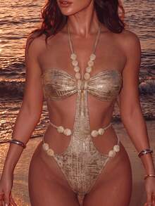 SHEIN Swim 1pc Gold Foil Textured Beaded Asymmetrical One-Piece Swimsuit For Women,Champagne Summer Casual Beach Holiday Vacation Rhinestone Bathing Suit - Multicolor - View 1