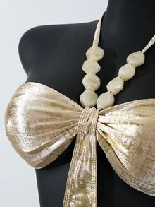 SHEIN Swim 1pc Gold Foil Textured Beaded Asymmetrical One-Piece Swimsuit For Women,Champagne Summer Casual Beach Holiday Vacation Rhinestone Bathing Suit - Multicolor - View 4